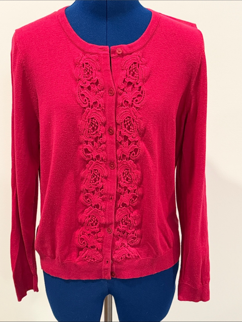 Talbots Pink Button-Up Cardigan with Floral Crochet Trim